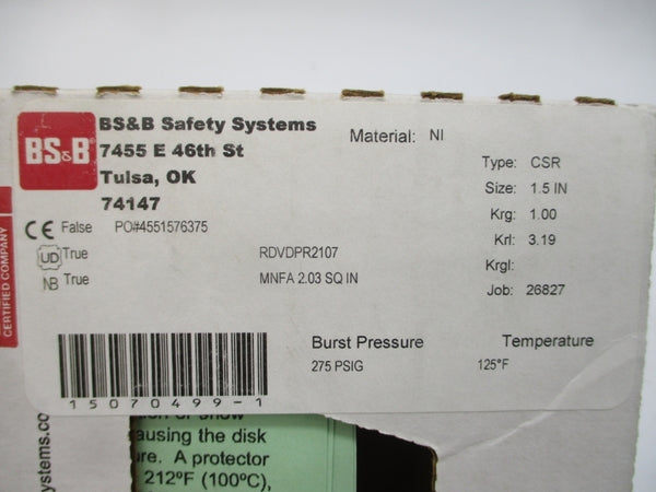 BS&B SAFETY SYSTEMS CSR RDVDPR2107 275PSI 125'F 1.5" NSMP
