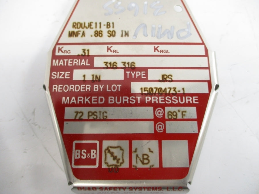 BS&B SAFETY SYSTEMS JRS RDUJE11-B1 72PSI 69'F 1" NSMP