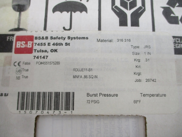 BS&B SAFETY SYSTEMS JRS RDUJE11-B1 72PSI 69'F 1" NSMP