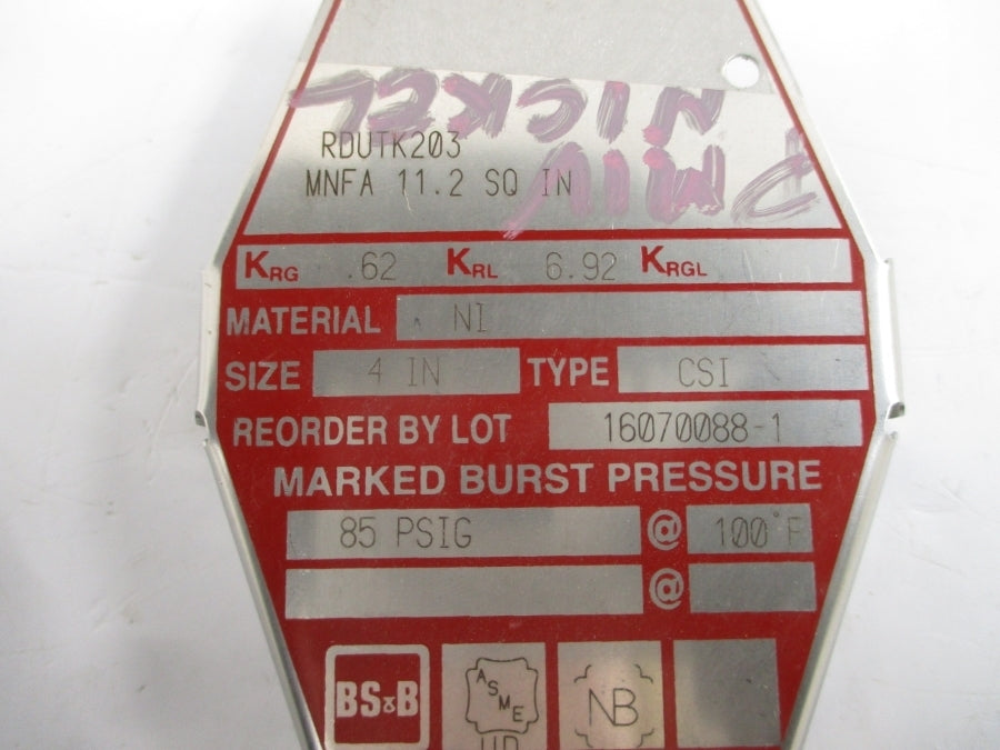 BS&B SAFETY SYSTEMS CSI RDUTK203 85PSI 100'F 4" NSMP