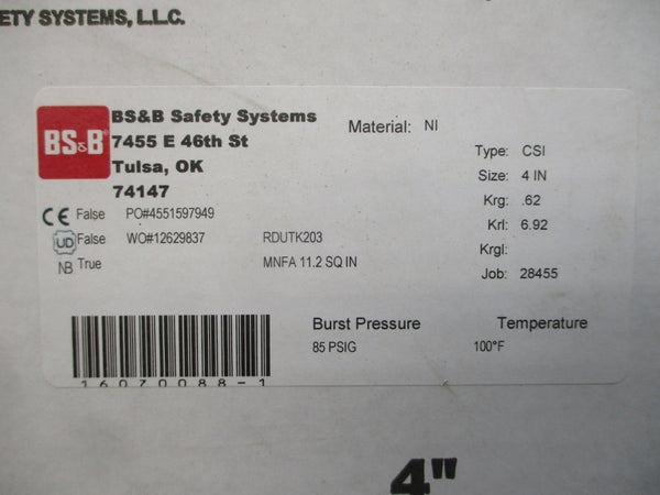 BS&B SAFETY SYSTEMS CSI RDUTK203 85PSI 100'F 4" NSMP