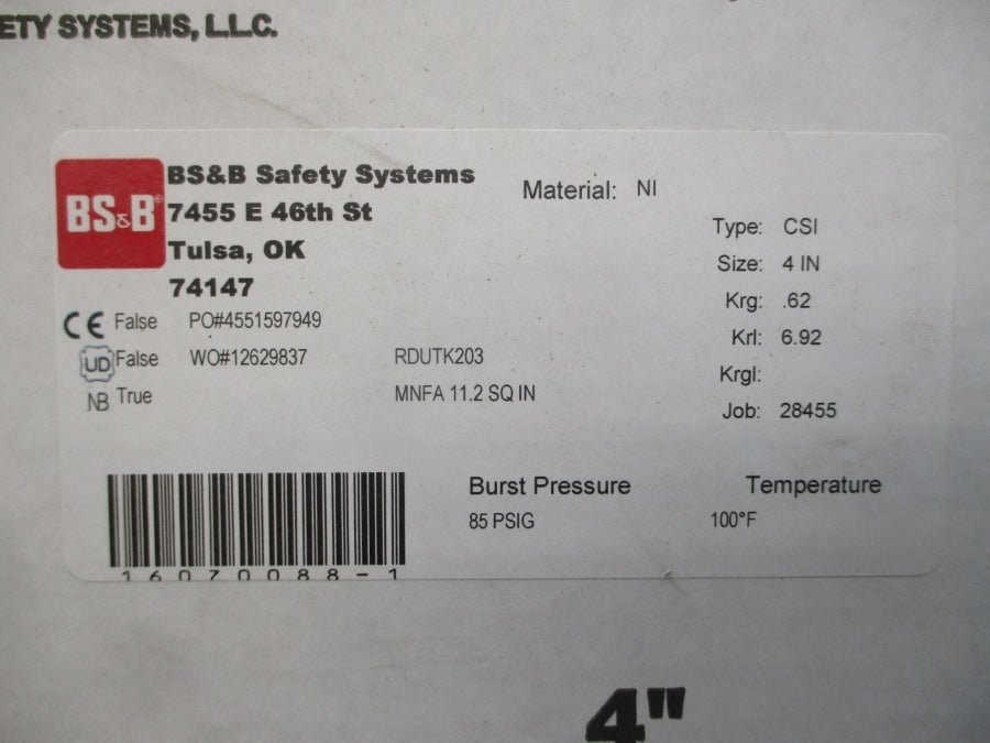 BS&B SAFETY SYSTEMS CSI RDUTK203 85PSI 100'F 4" NSMP
