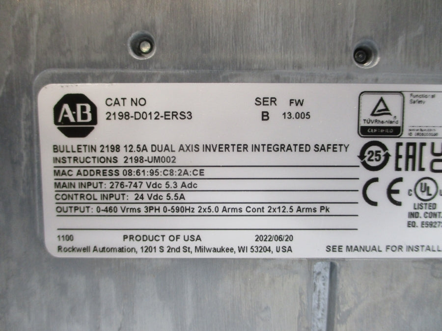 ALLEN BRADLEY 2198-D012-ERS3 SER. B F/W 13.005 276-747VDC 5.3A NSMP