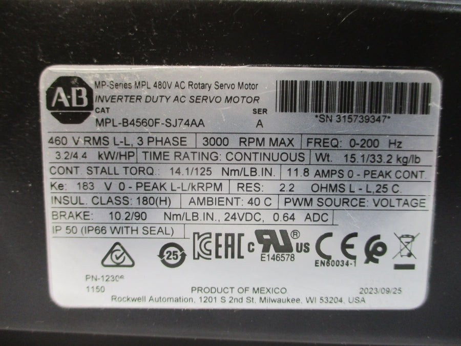 ALLEN BRADLEY MPL-B4560F-SJ74AA SER. A 480VAC 11.8A NSMP