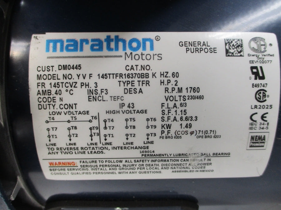 MARATHON YVF145TTFR16370BB 230/460V 6/3A NSNP