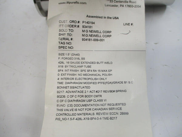 ITT 1.5-F-428L-X19-SF4-0-4-TME-B217 90PSI 1.5" NSMP