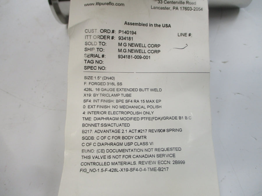 ITT 1.5-F-428L-X19-SF4-0-4-TME-B217 90PSI 1.5" NSMP