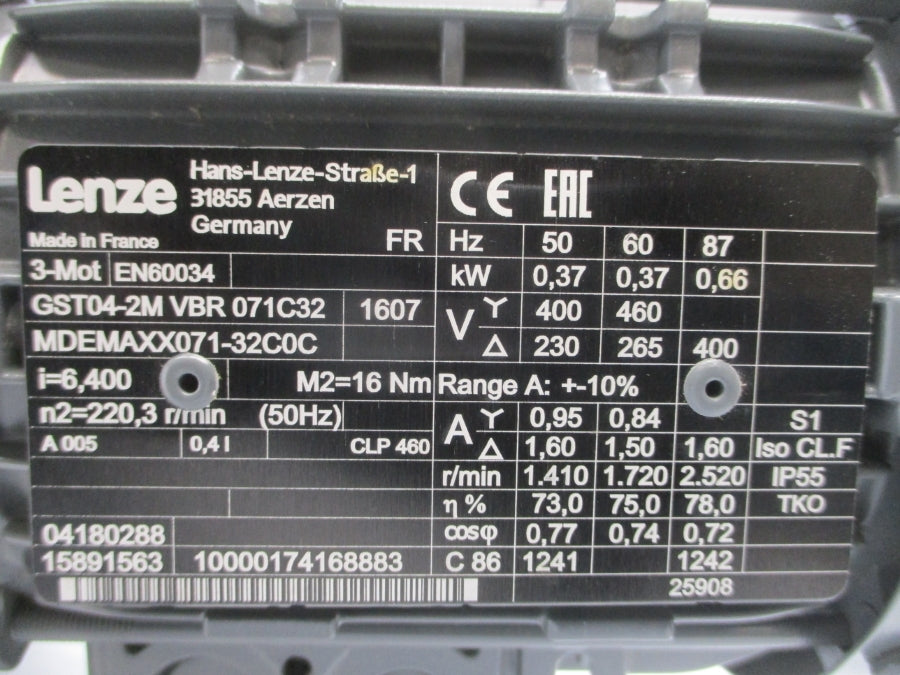 LENZE GST04-2MVBR071C32 EN60034 230/400-460V 0.95/0.84-1.60A NSNP