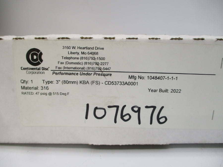 CONTINENTAL DISC KBA(FS)-CD53733A0001 1048407-1-1-1 47PSI 515'F 3" NSMP