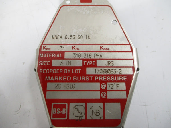 BS&B SAFETY SYSTEMS JRS MNFA6.53SQIN 26PSI 72'F 3" NSMP
