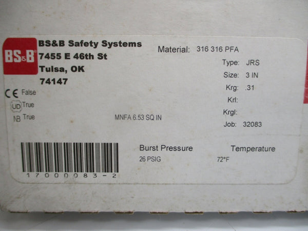 BS&B SAFETY SYSTEMS JRS MNFA6.53SQIN 26PSI 72'F 3" NSMP