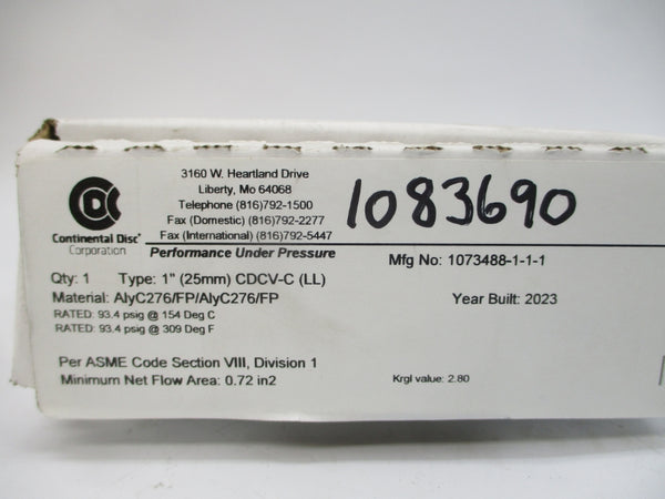 CONTINENTAL DISC CDCV-C(LL) 1073488-1-1-1 93.4PSI 309'F 1" NSMP