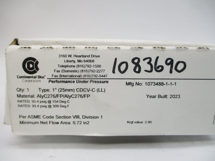 CONTINENTAL DISC CDCV-C(LL) 1073488-1-1-1 93.4PSI 309'F 1" NSMP