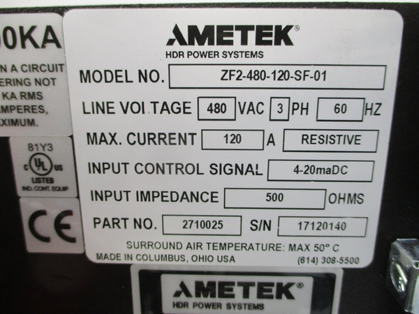 AMETEK ZF2-480-120-SF-01 2710025 480VAC 120A NSNP