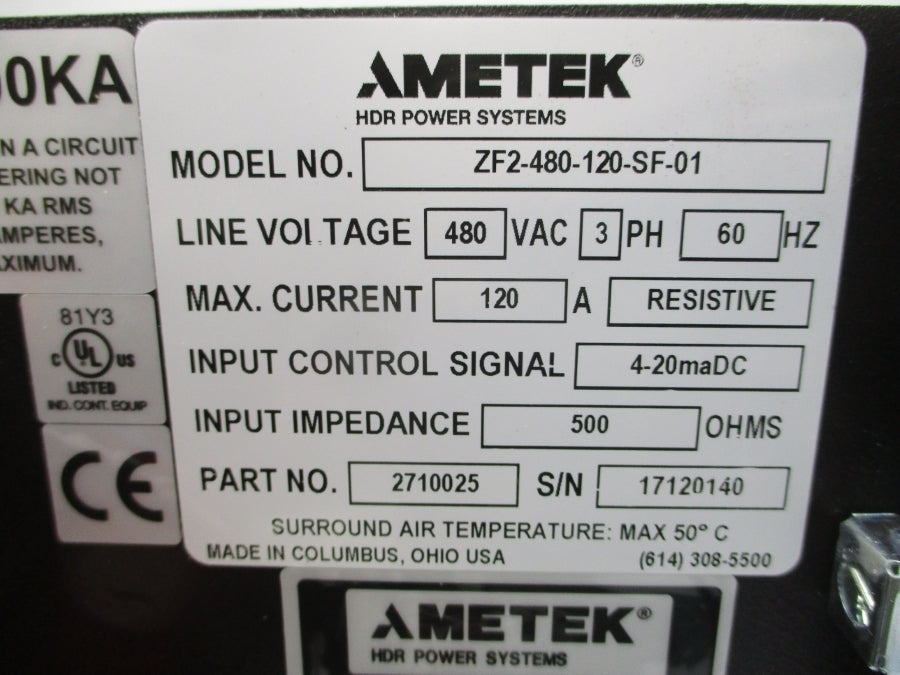 AMETEK ZF2-480-120-SF-01 2710025 480VAC 120A NSNP