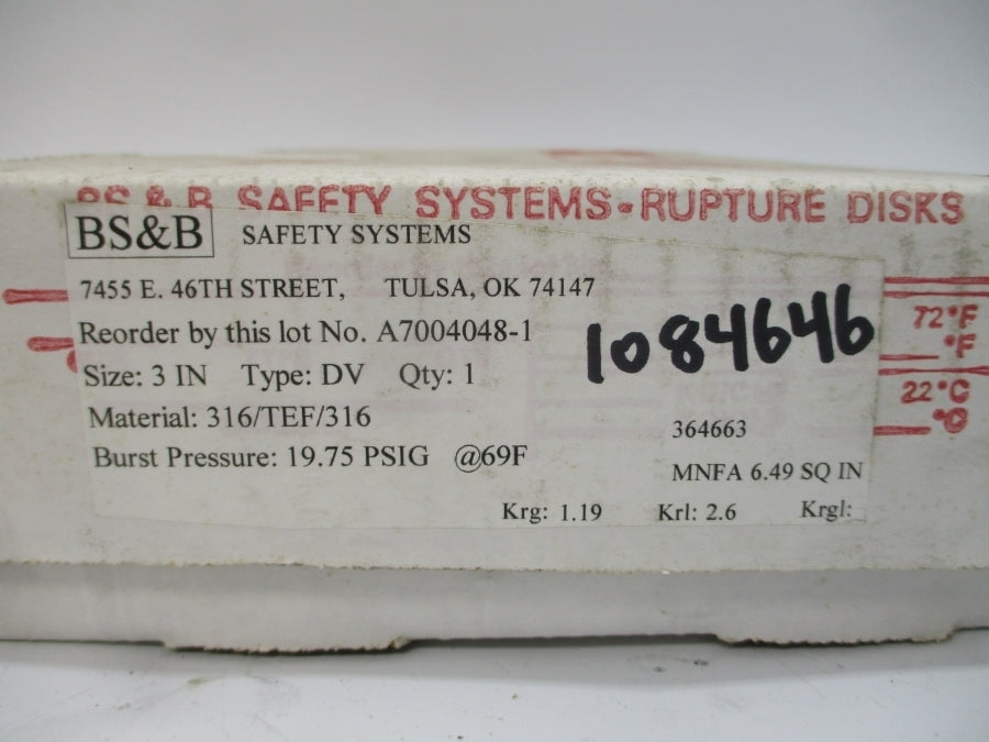 BS&B SAFETY SYSTEMS DV 364663 19.75PSI 69'F 3" NSMP