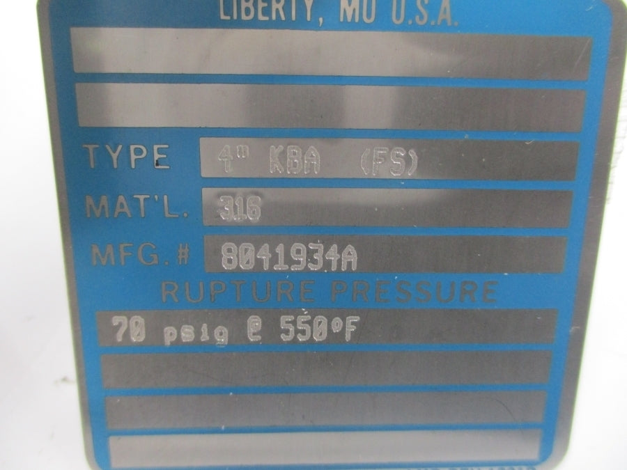 CONTINENTAL DISC KBA(FS) 8041934A 70PSI 550'F 4" NSMP