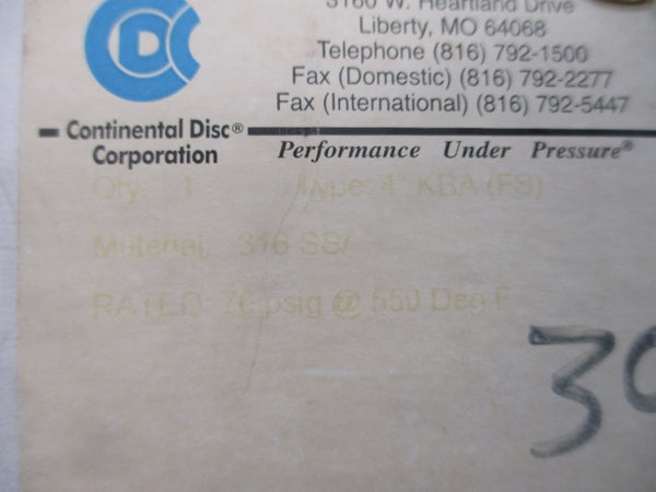CONTINENTAL DISC KBA(FS) 8041934A 70PSI 550'F 4" NSMP