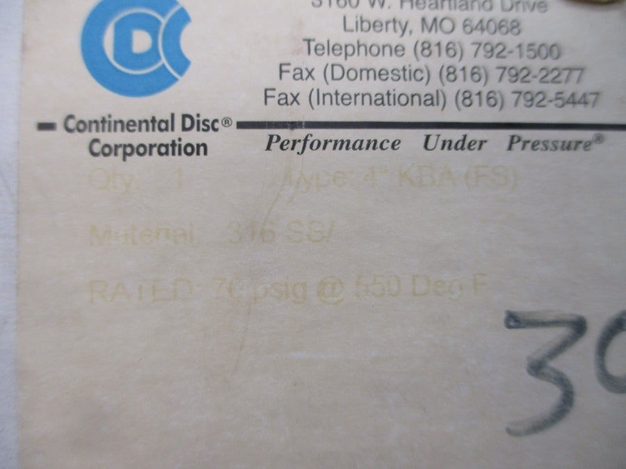 CONTINENTAL DISC KBA(FS) 8041934A 70PSI 550'F 4" NSMP