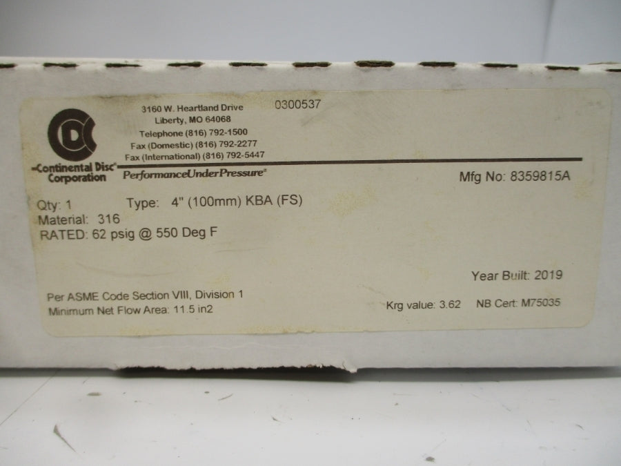 CONTINENTAL DISC KBA(FS) 8359815A 62PSI 550'F 4" NSMP