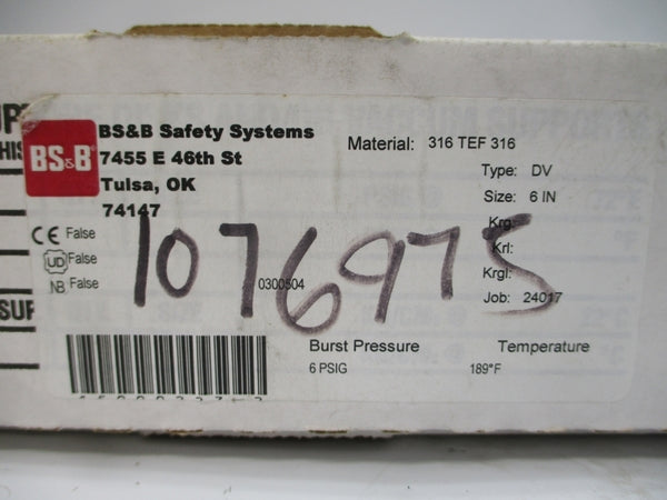 BS&B SAFETY SYSTEMS DV 0300504 6PSI 189'F 6" NSMP