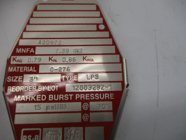 BS&B SAFETY SYSTEMS LPS 420972 15.0PSI 72'F 3" NSMP