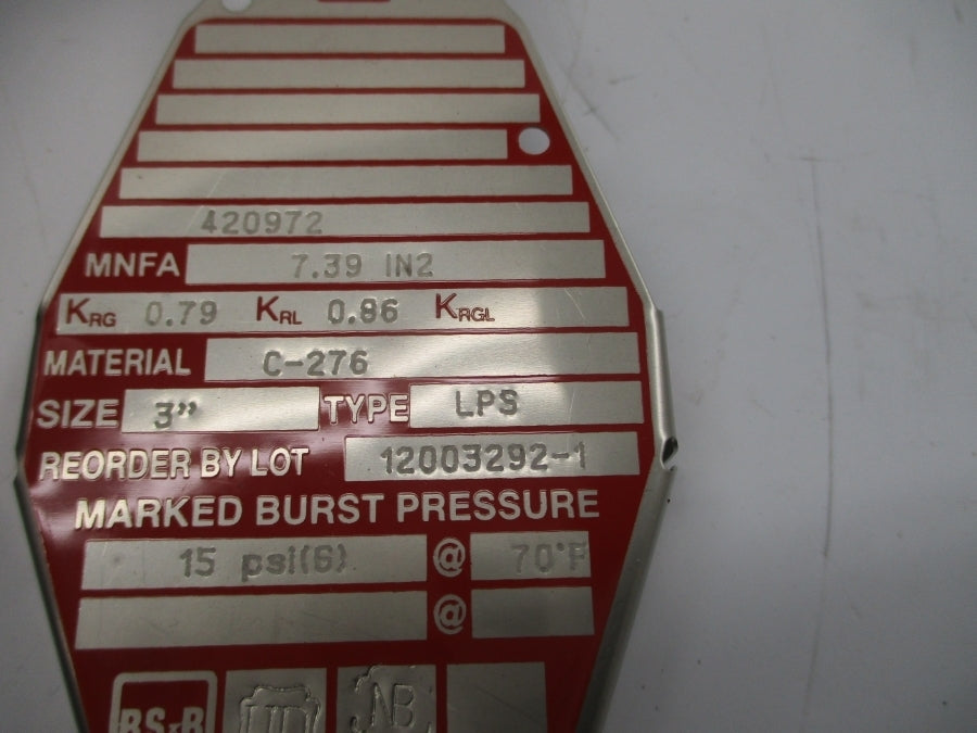 BS&B SAFETY SYSTEMS LPS 420972 15.0PSI 72'F 3" NSMP