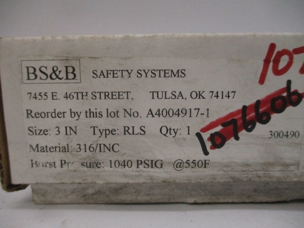 BS&B SAFETY SYSTEMS RLS 300490 1040PSI 550'F 3" NSMP