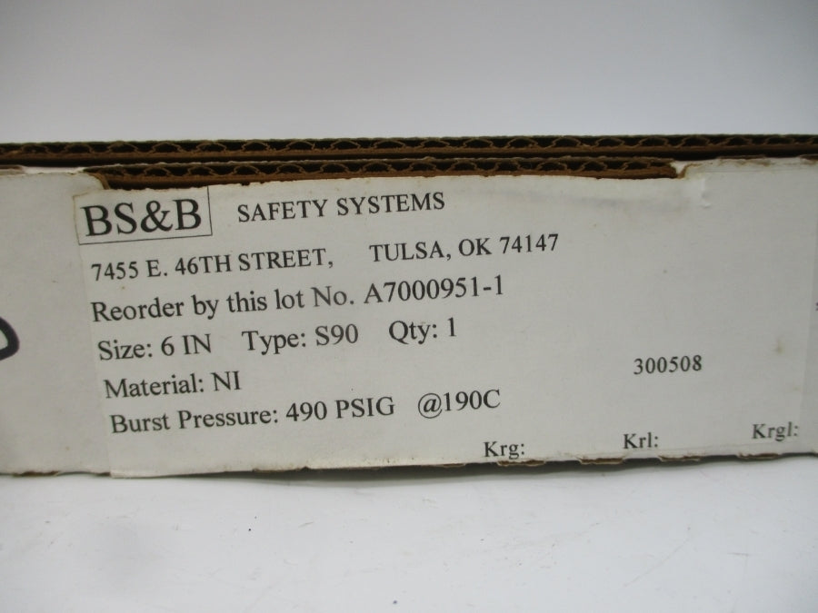 BS&B SAFETY SYSTEMS S90 300508 490PSI 190'C 6" NSMP