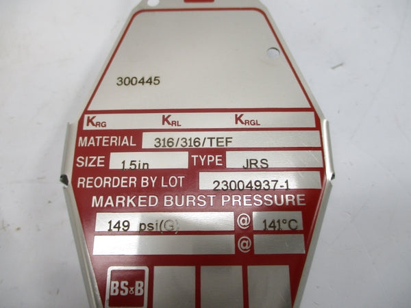 BS&B SAFETY SYSTEMS JRS 300445 149PSI 141'C 1.5" NSMP