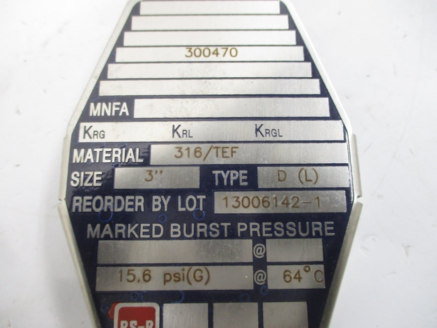 BS&B SAFETY SYSTEMS D(L) 300470 15.6PSI 64'C 3" NSMP