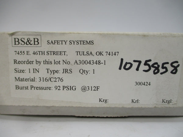 BS&B SAFETY SYSTEMS JRS 300424 92PSI 312'F 1" NSMP