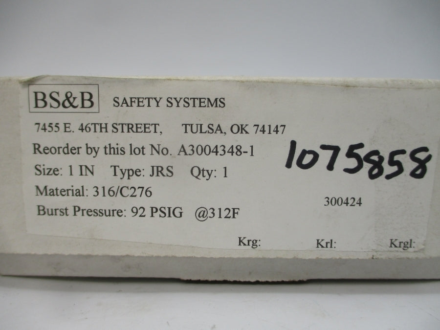 BS&B SAFETY SYSTEMS JRS 300424 92PSI 312'F 1" NSMP