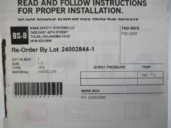 BS&B SAFETY SYSTEMS JRS PSD-2625 95PSI 165'C 1.5" NSMP