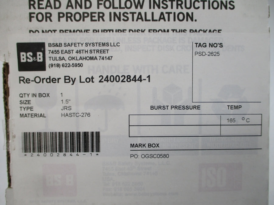 BS&B SAFETY SYSTEMS JRS PSD-2625 95PSI 165'C 1.5" NSMP
