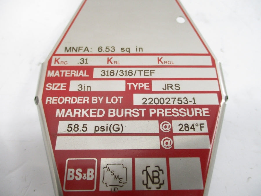 BS&B SAFETY SYSTEMS JRS 58.5PSI 284'F 3" NSMP