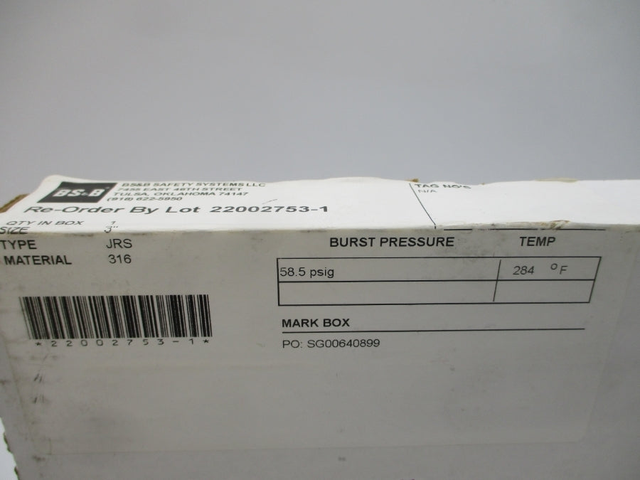BS&B SAFETY SYSTEMS JRS 58.5PSI 284'F 3" NSMP