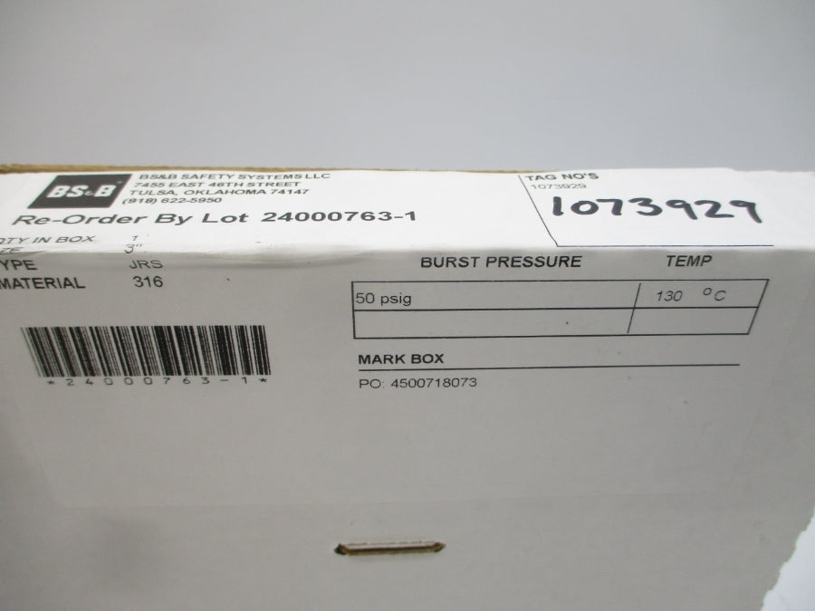 BS&B SAFETY SYSTEMS JRS 1073929 50PSI 130'C 3' NSMP