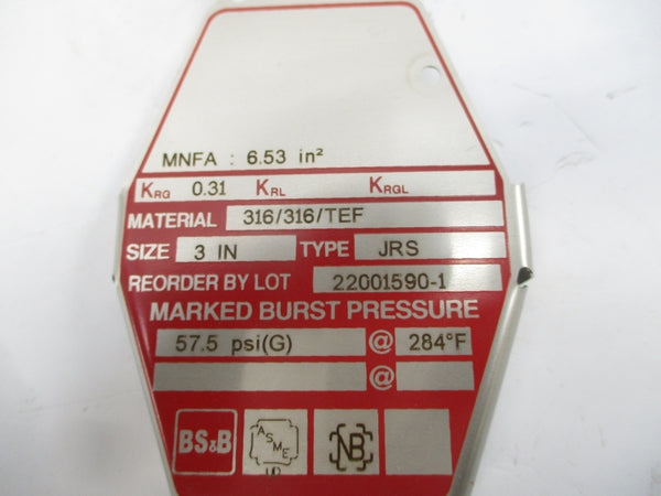 BS&B SAFETY SYSTEMS JRS 57.5PSI 284'F 3" NSMP