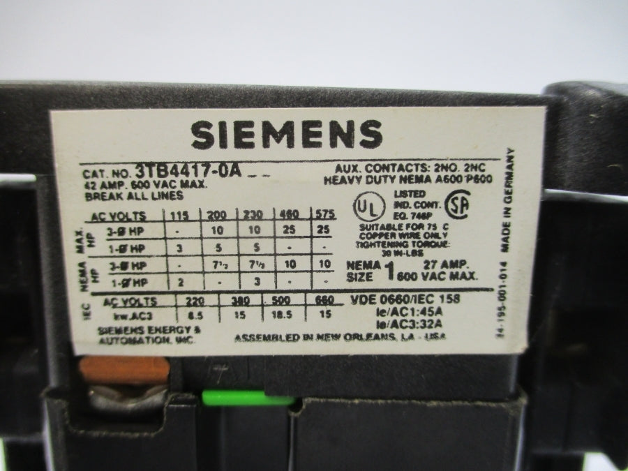 SIEMENS 3TB4417-0AA8 110/120V 42A NSMP