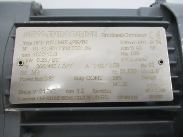 SEW-EURODRIVE RF37R17DR63L4/BR/TH 266/460V 1.02/0.59A NSNP