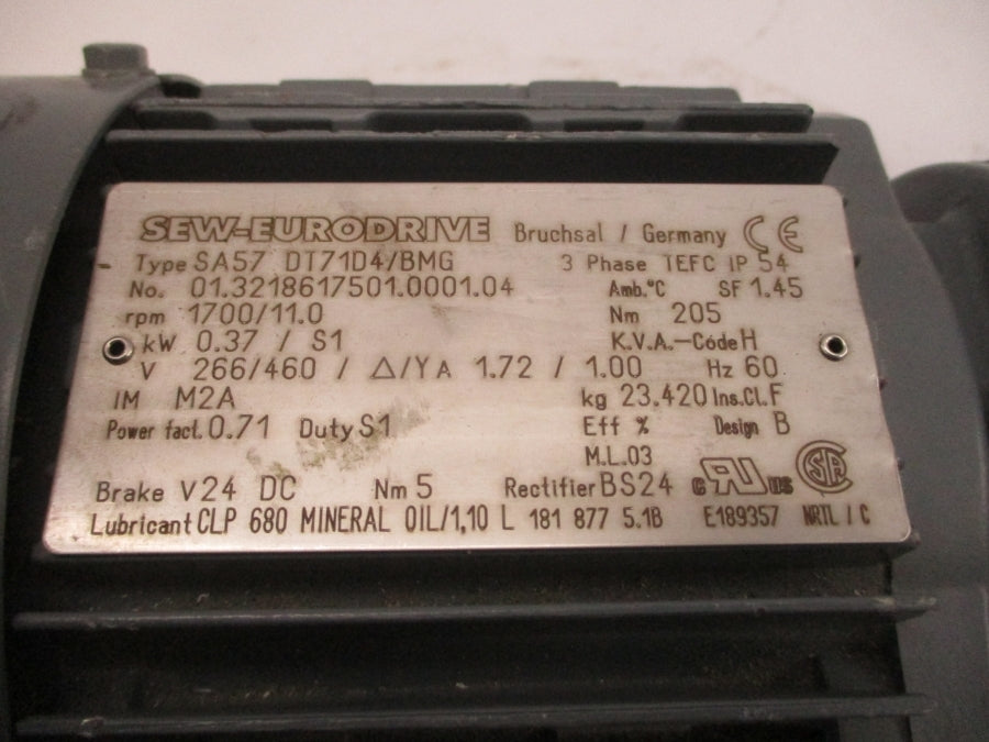 SEW-EURODRIVE SA57DT71D4/BMG 266/460V 1.72/1.00A NSNP