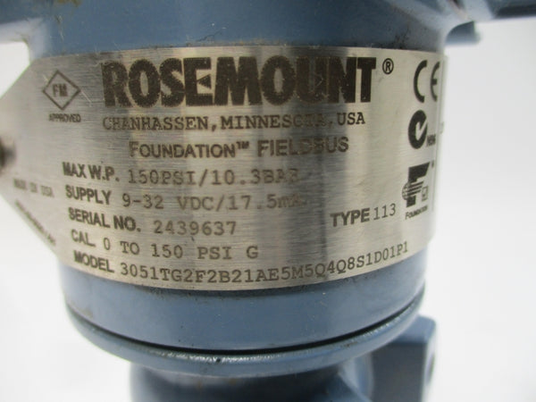 ROSEMOUNT 3051TG2F2B21AE5M5Q4Q8S1D01P1 9-32VDC 150PSI (MISSING COVER) UNMP