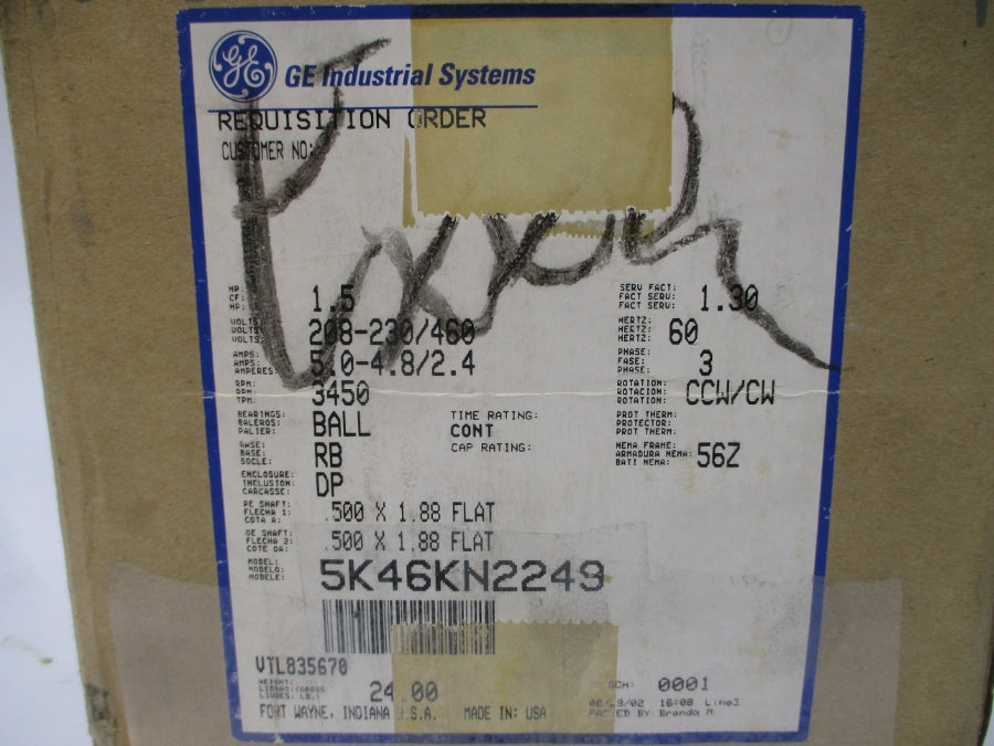 GENERAL ELECTRIC 5K46KN2249 208-230/460V 5.0-4.8/2.4A NSMP
