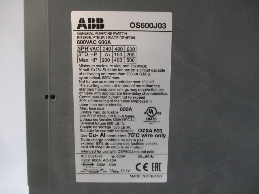 ABB OS600J03 1SCA022825R8610 600VAC 630A NSMP