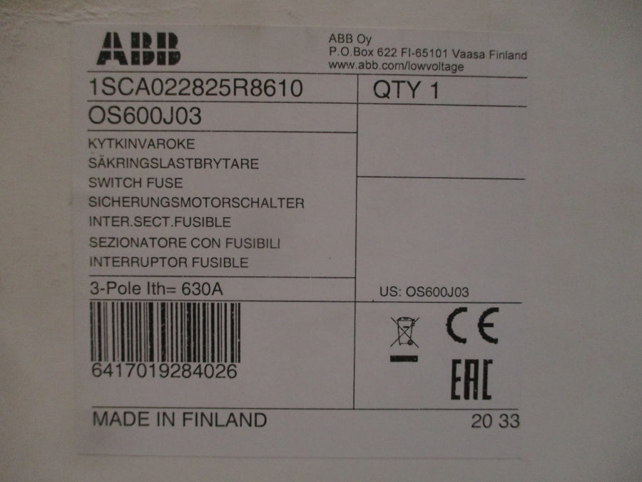 ABB OS600J03 1SCA022825R8610 600VAC 630A NSMP