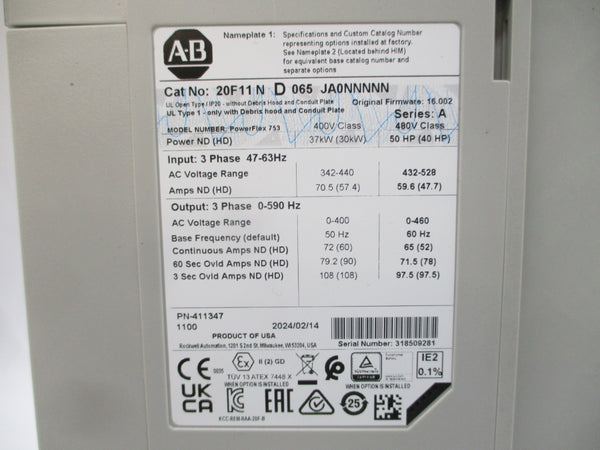 ALLEN BRADLEY 20F11ND065JA0NNNNN SER. A F/W 16.002 432-528VAC 59.6/47.7A NSMP
