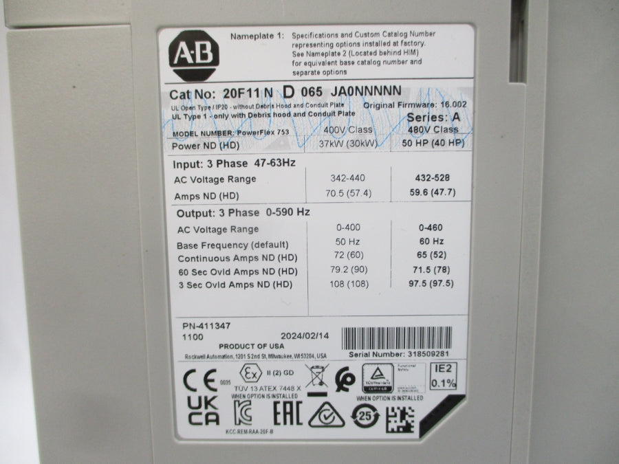 ALLEN BRADLEY 20F11ND065JA0NNNNN SER. A F/W 16.002 432-528VAC 59.6/47.7A NSMP