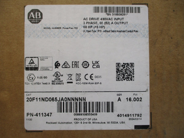 ALLEN BRADLEY 20F11ND065JA0NNNNN SER. A F/W 16.002 432-528VAC 59.6/47.7A NSMP