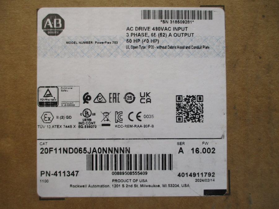 ALLEN BRADLEY 20F11ND065JA0NNNNN SER. A F/W 16.002 432-528VAC 59.6/47.7A NSMP